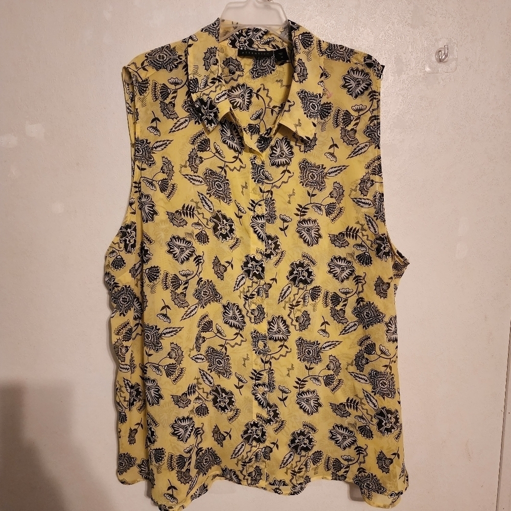 Attention Floral Yellow and Black Sheer Sleeveless Button Down Blouse Size 4X